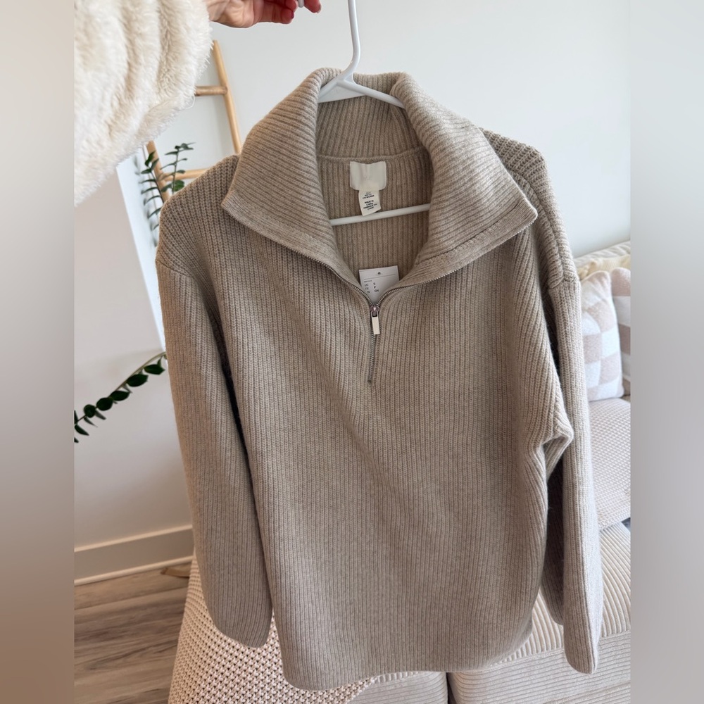 H&M Light Beige Melange Rib-Knit Half-Zip Sweater